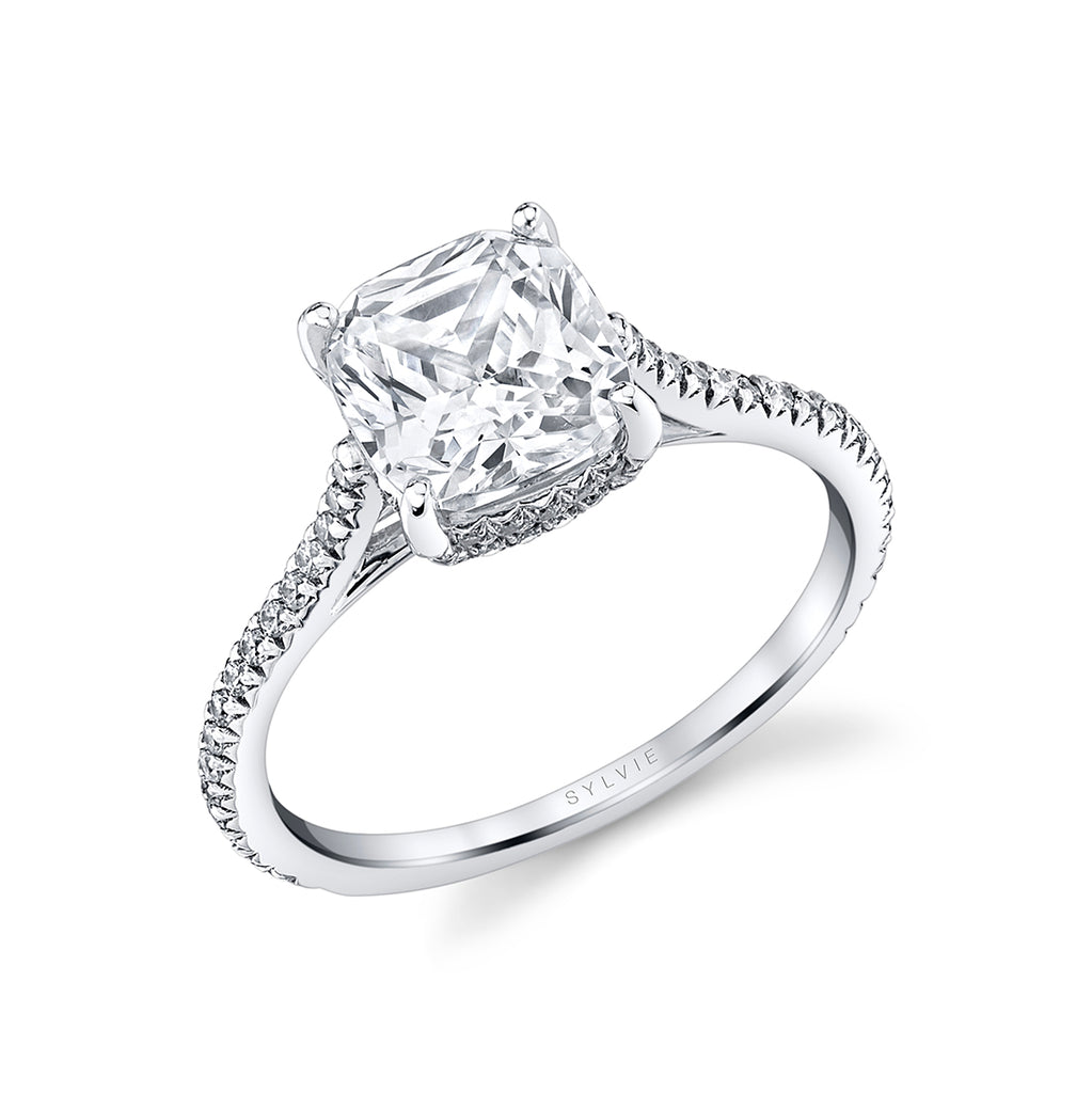 Cushion Cut Classic Hidden Halo Engagement Ring - Steffi Platinum White