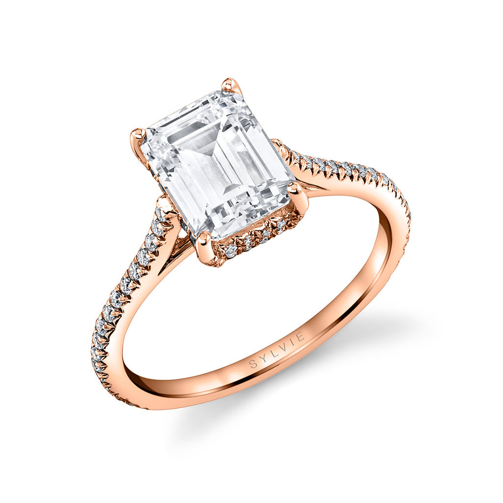 Emerald Cut Classic Hidden Halo Engagement Ring - Steffi 14k Gold Rose