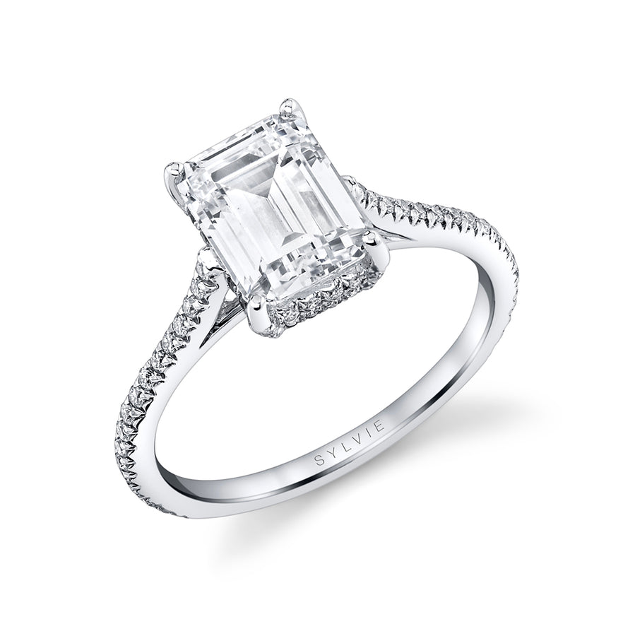 Emerald Cut Classic Hidden Halo Engagement Ring - Steffi Platinum White