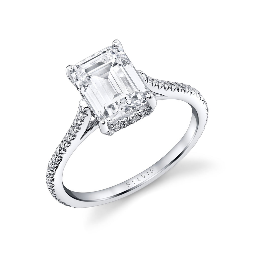 Emerald Cut Classic Hidden Halo Engagement Ring - Steffi 18k Gold White