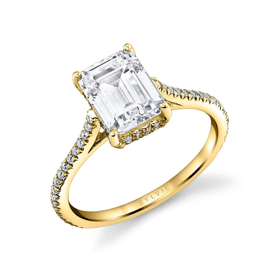 Emerald Cut Classic Hidden Halo Engagement Ring - Steffi 14k Gold Yellow