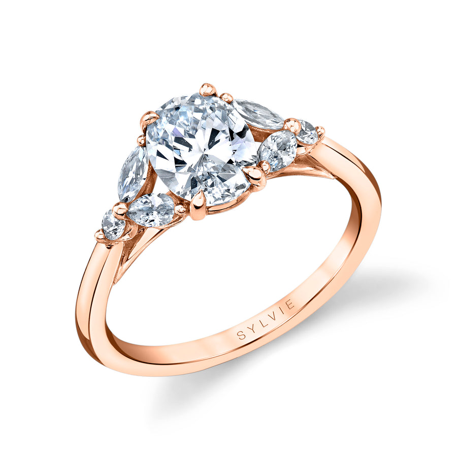 Oval Cut Unique Three Stone Engagement Ring - Alina 18k Gold Rose