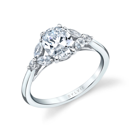 Sylvie Oval Cut Unique Three Stone Engagement Ring - Alina 14k Gold White