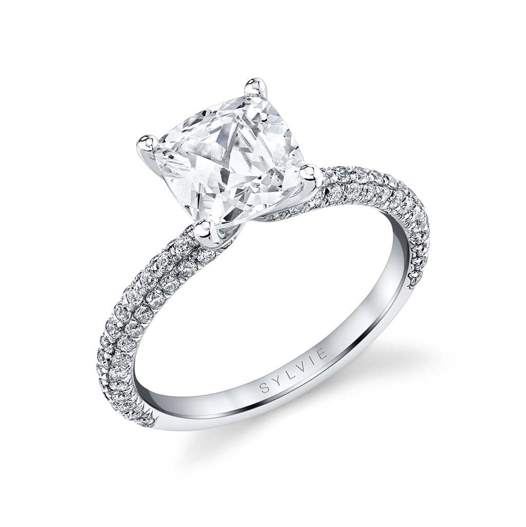 Cushion Cut Classic Pave Engagement Ring - Braylin 18k Gold White