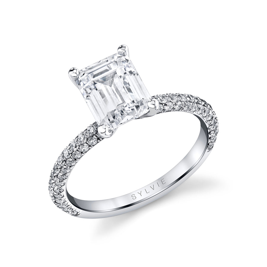 Emerald Cut Classic Pave Engagement Ring - Braylin Platinum White