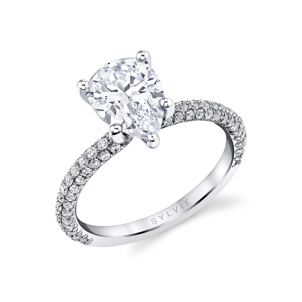 Pear Shaped Classic Pave Engagement Ring - Braylin 14k Gold White