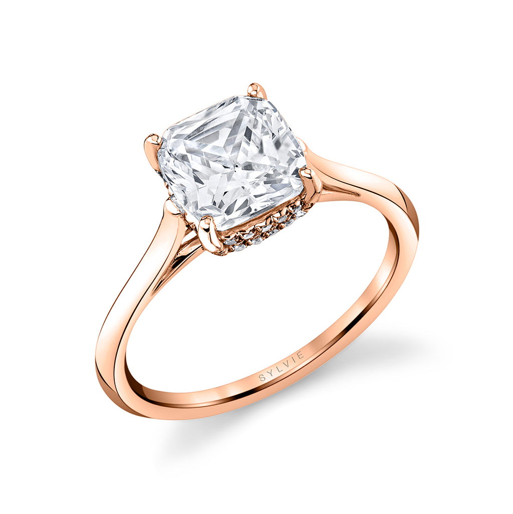 Cushion Cut Solitaire Hidden Halo Engagement Ring - Carter 14k Gold Rose