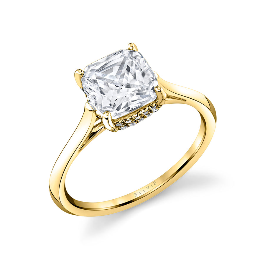 Cushion Cut Solitaire Hidden Halo Engagement Ring - Carter 14k Gold Yellow