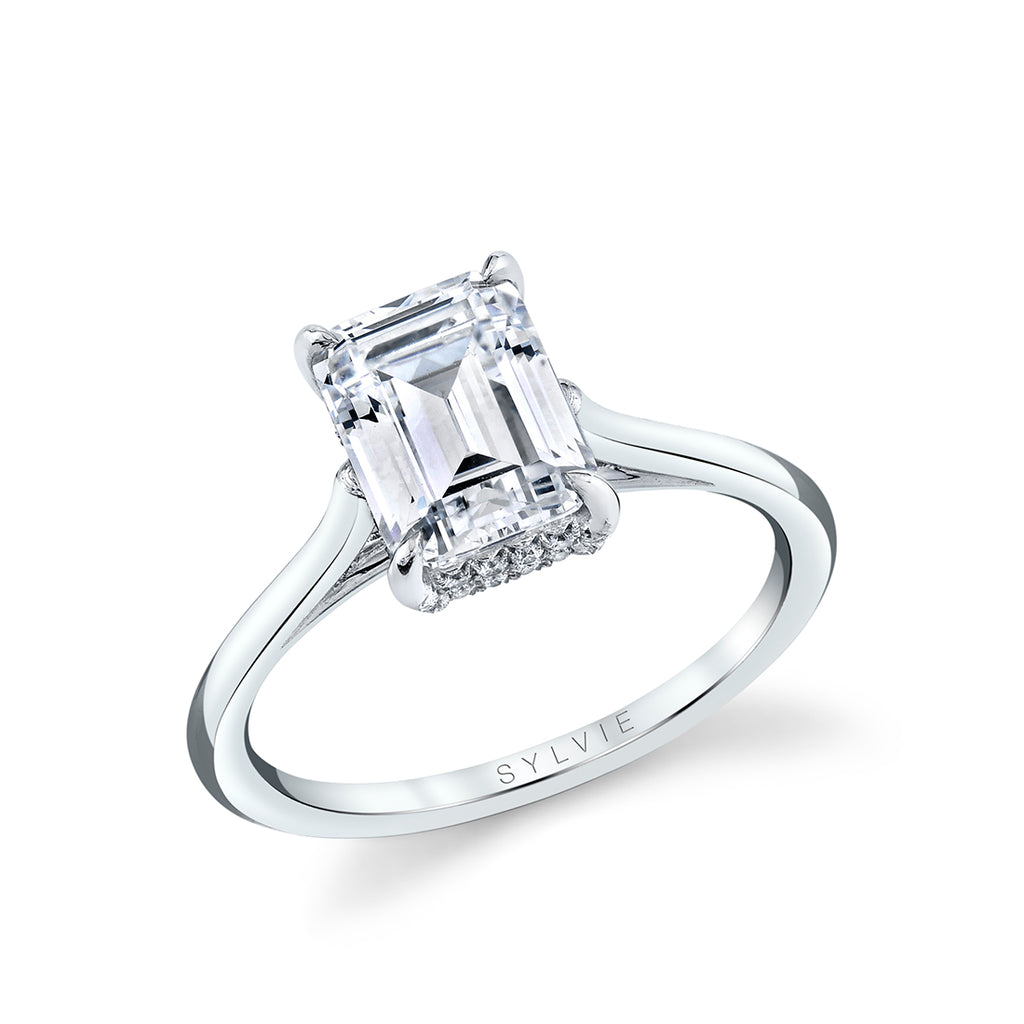 Emerald Cut Solitaire Hidden Halo Engagement Ring - Carter 14k Gold White