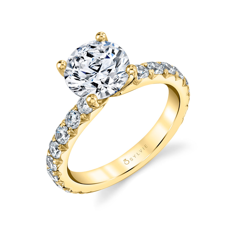 Round Cut Classic Wide Band Engagement Ring - Marlise 14k Gold Yellow