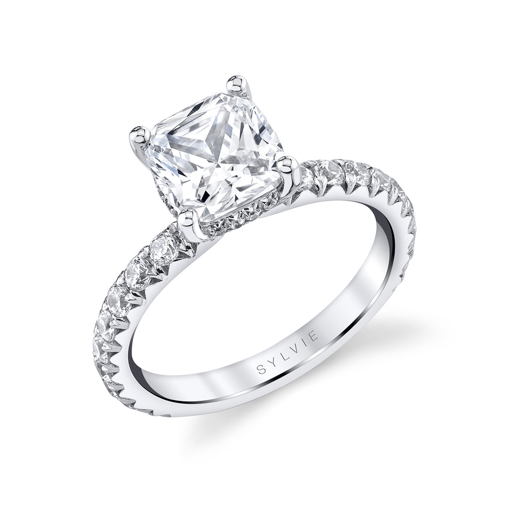 Cushion Cut Classic Wide Band Engagement Ring - Malencia Platinum White