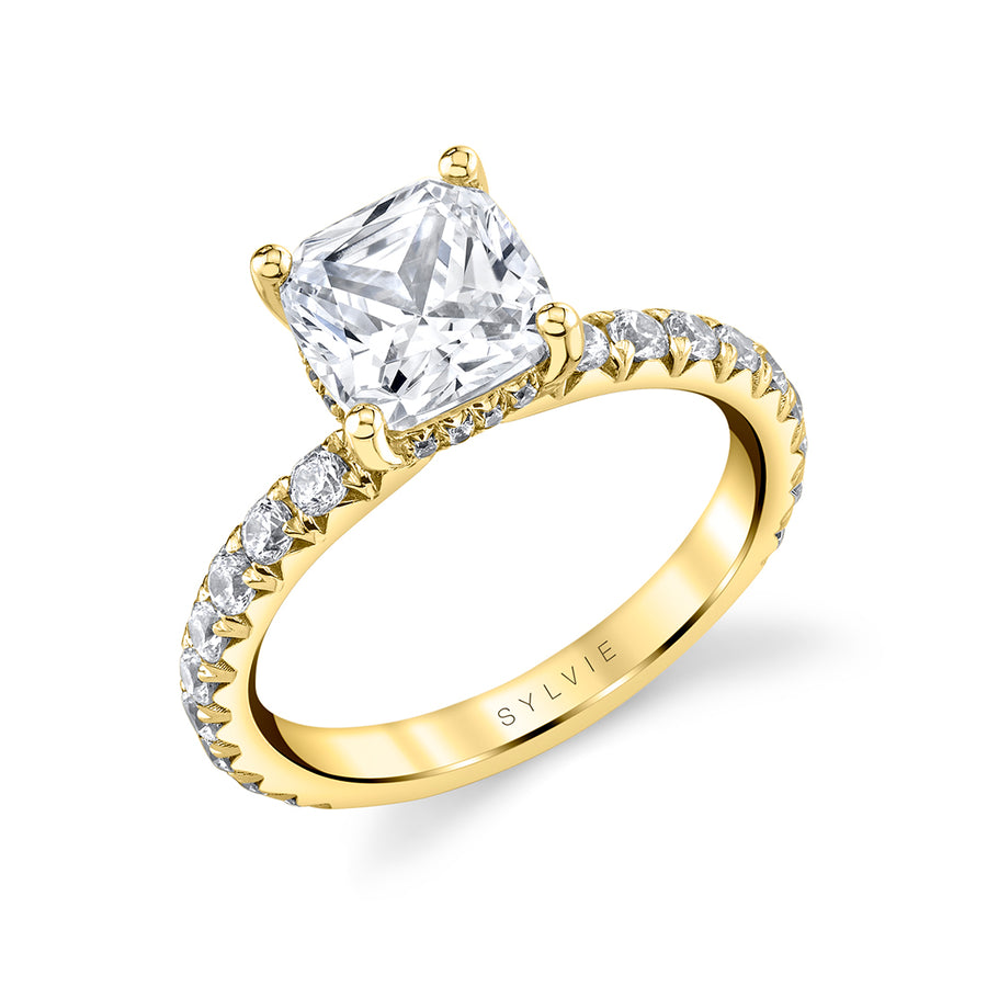 Cushion Cut Classic Wide Band Engagement Ring - Malencia 14k Gold Yellow