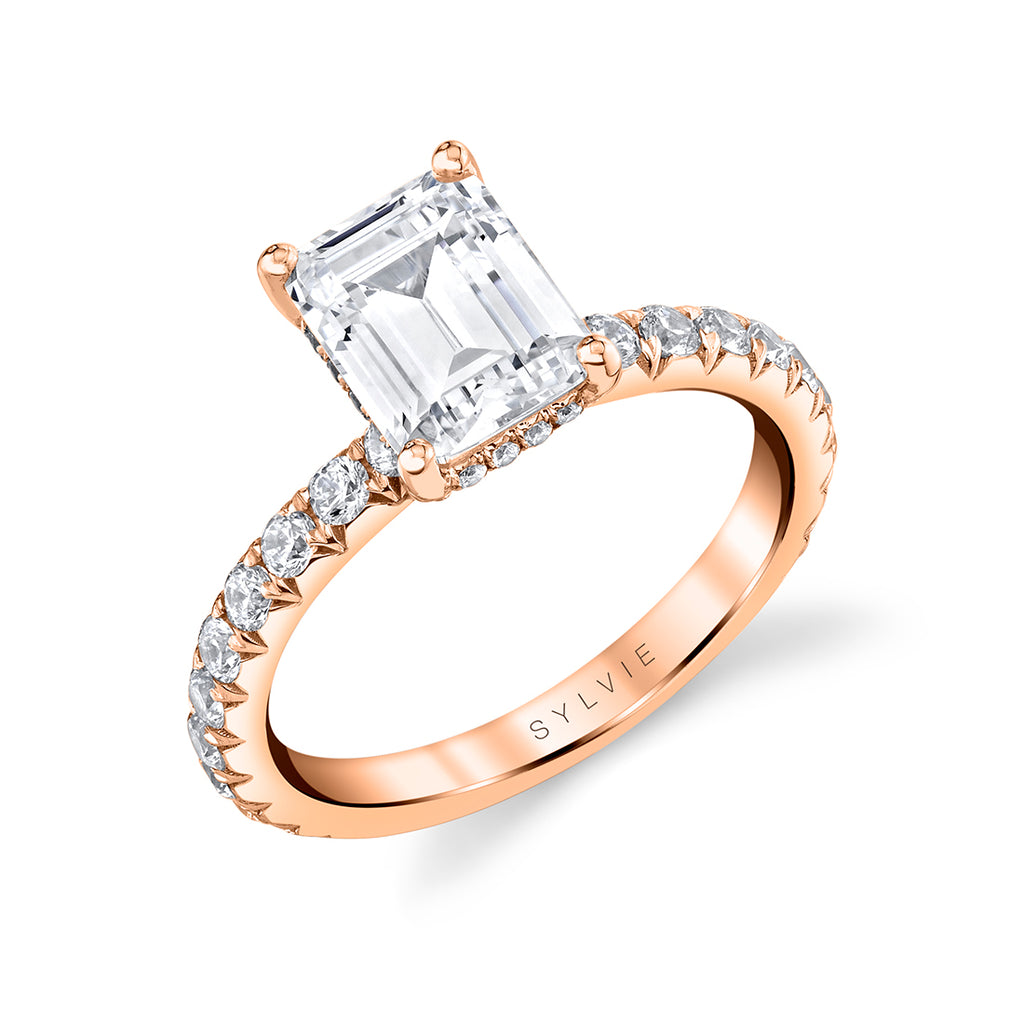Emerald Cut Classic Wide Band Engagement Ring - Malencia 18k Gold Rose