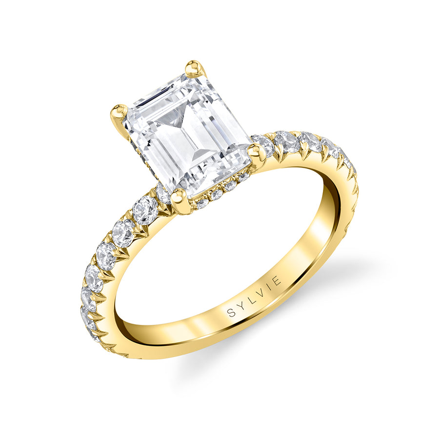 Emerald Cut Classic Wide Band Engagement Ring - Malencia 14k Gold Yellow