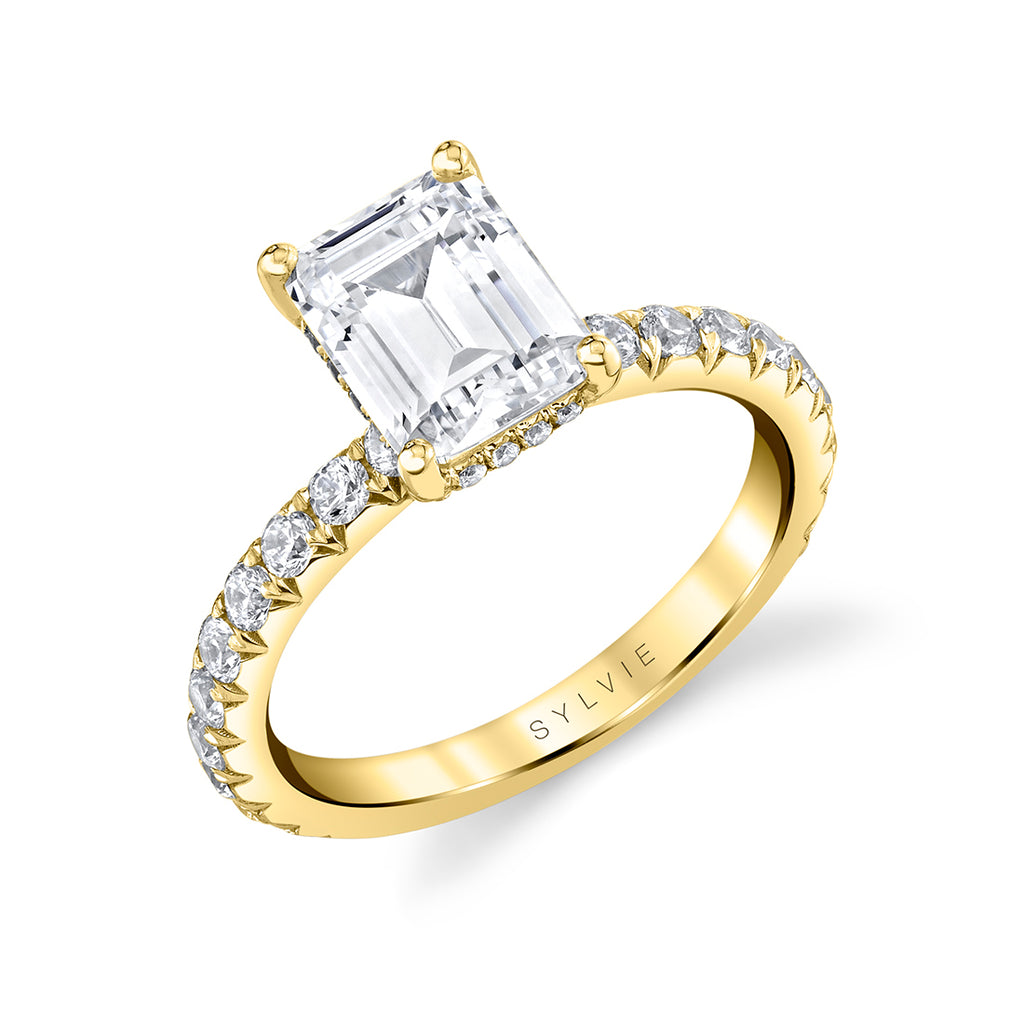 Emerald Cut Classic Wide Band Engagement Ring - Malencia 18k Gold Yellow