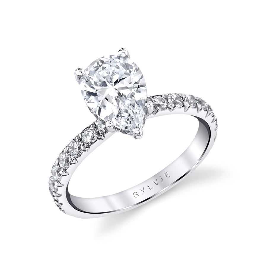 Pear Shaped Classic Wide Band Engagement Ring - Malencia Platinum White