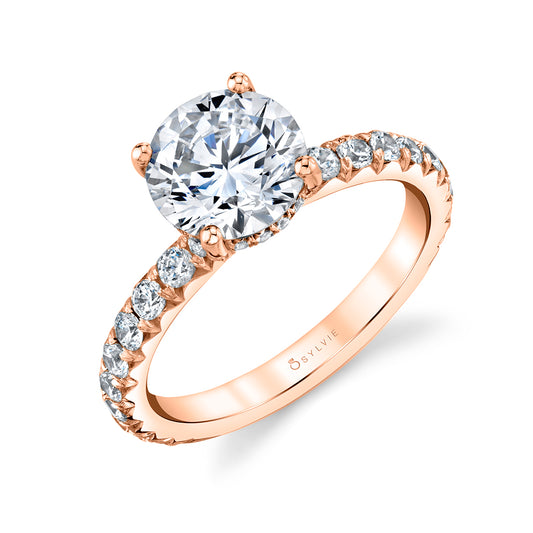 Sylvie Round Cut Classic Wide Band Engagement Ring - Malencia 14k Gold Rose