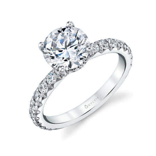 Sylvie Round Cut Classic Wide Band Engagement Ring - Malencia 14k Gold White