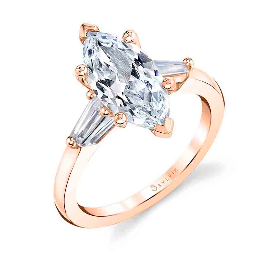 Marquise Cut Three Stone Engagement Ring with Baguettes - Nicolette 14k Gold Rose