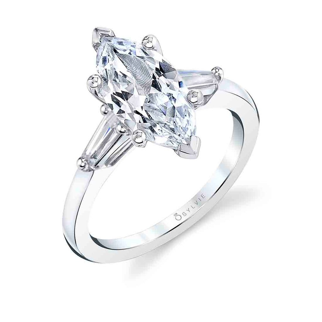 Marquise Cut Three Stone Engagement Ring with Baguettes - Nicolette Platinum White