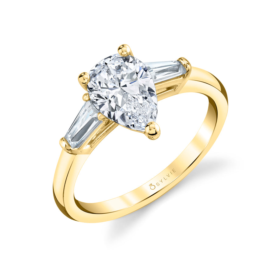 Pear Shaped Three Stone Engagement Ring with Baguettes - Nicolette 18k Gold Yellow