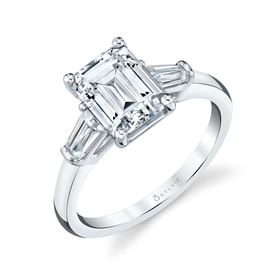 Emerald Cut Three Stone Engagement Ring with Baguettes - Nicolette Platinum White