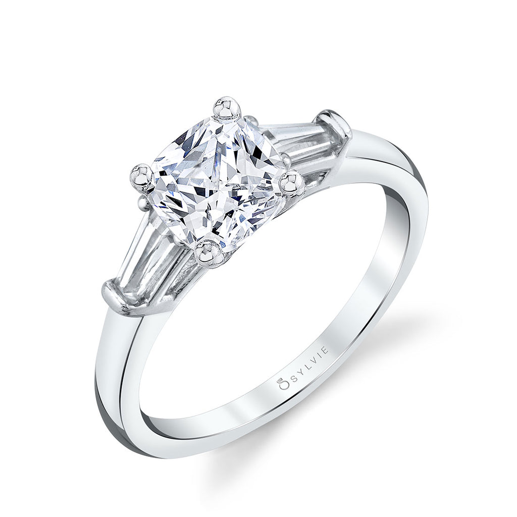 Cushion Cut Three Stone Engagement Ring with Baguettes - Nicolette Platinum White