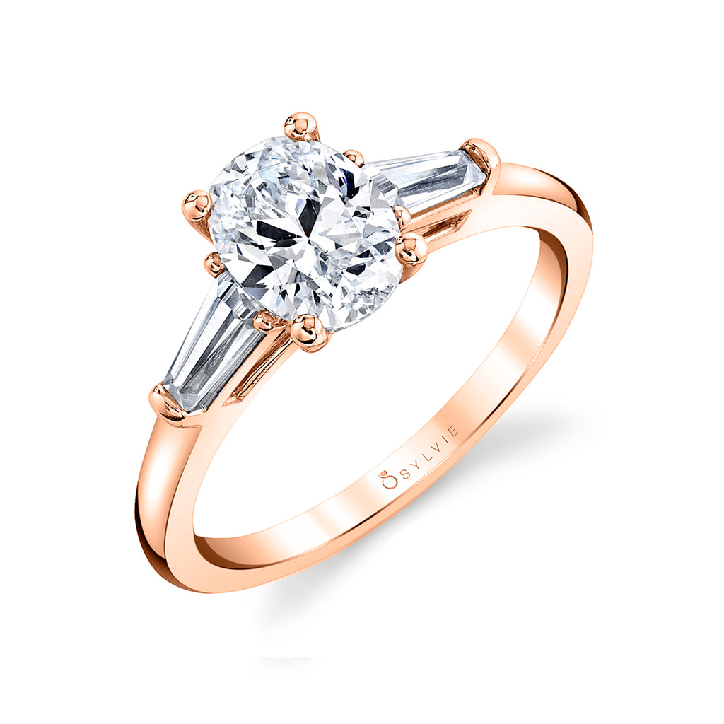 Oval Cut Three Stone Engagement Ring with Baguettes - Nicolette 14k Gold Rose