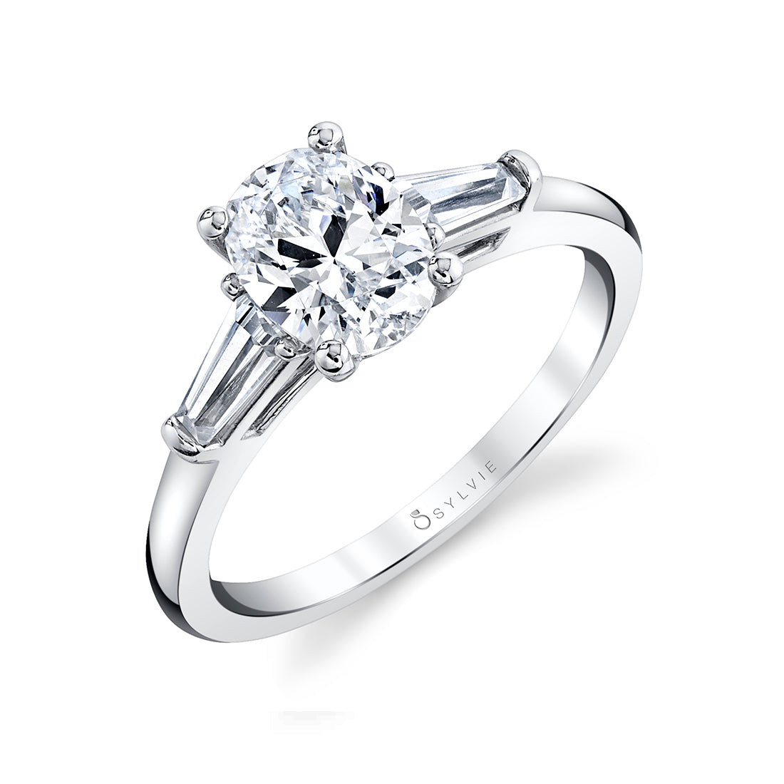 Sylvie Oval Cut Three Stone Engagement Ring with Baguettes - Nicolette 14k Gold White