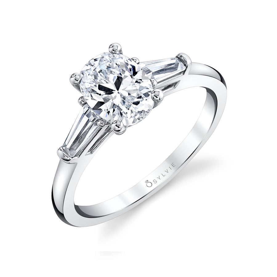 Oval Cut Three Stone Engagement Ring with Baguettes - Nicolette Platinum White