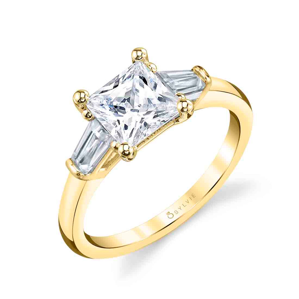 Princess Cut Three Stone Engagement Ring with Baguettes - Nicolette 14k Gold Yellow