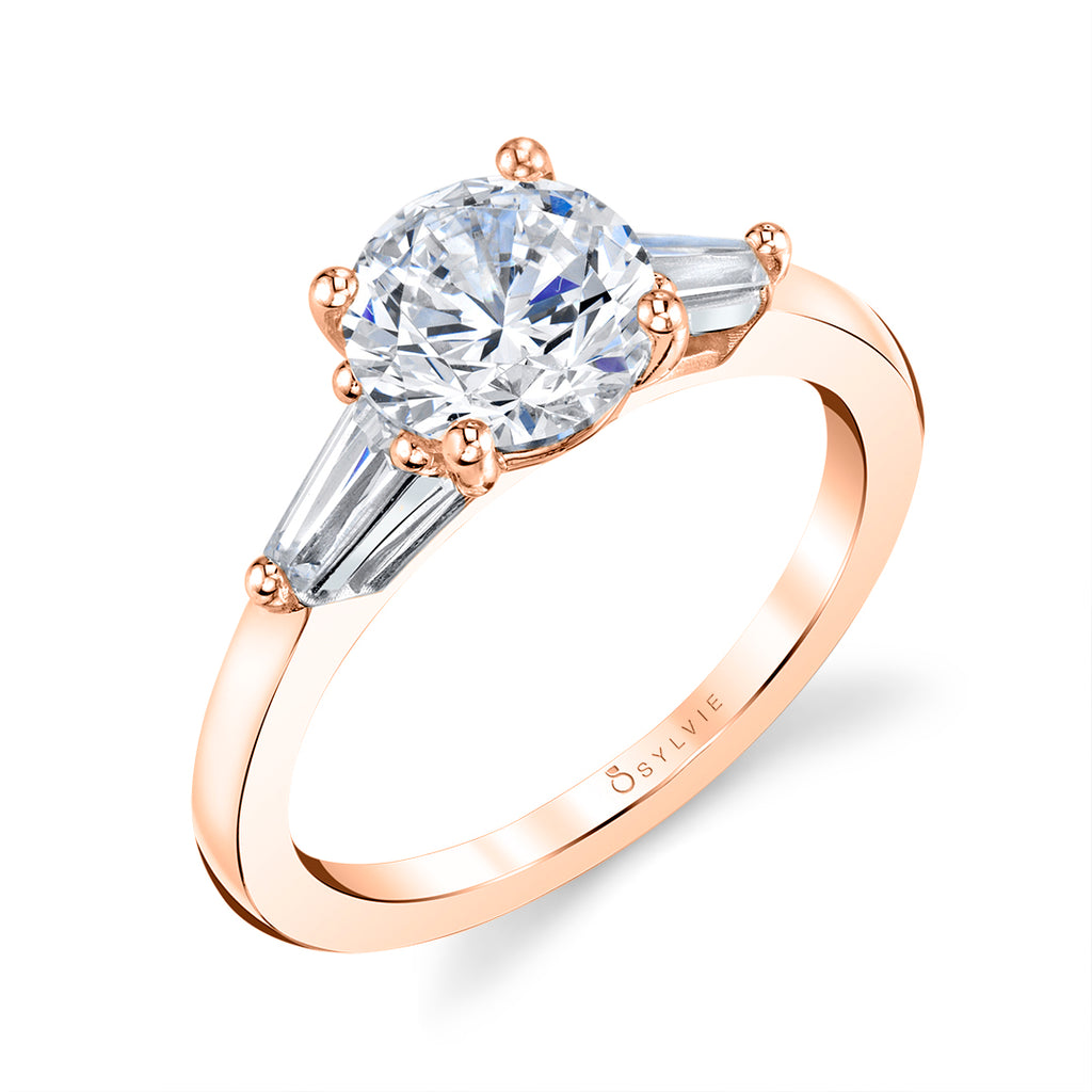 Round Cut Three Stone Engagement Ring with Baguettes - Nicolette 14k Gold Rose