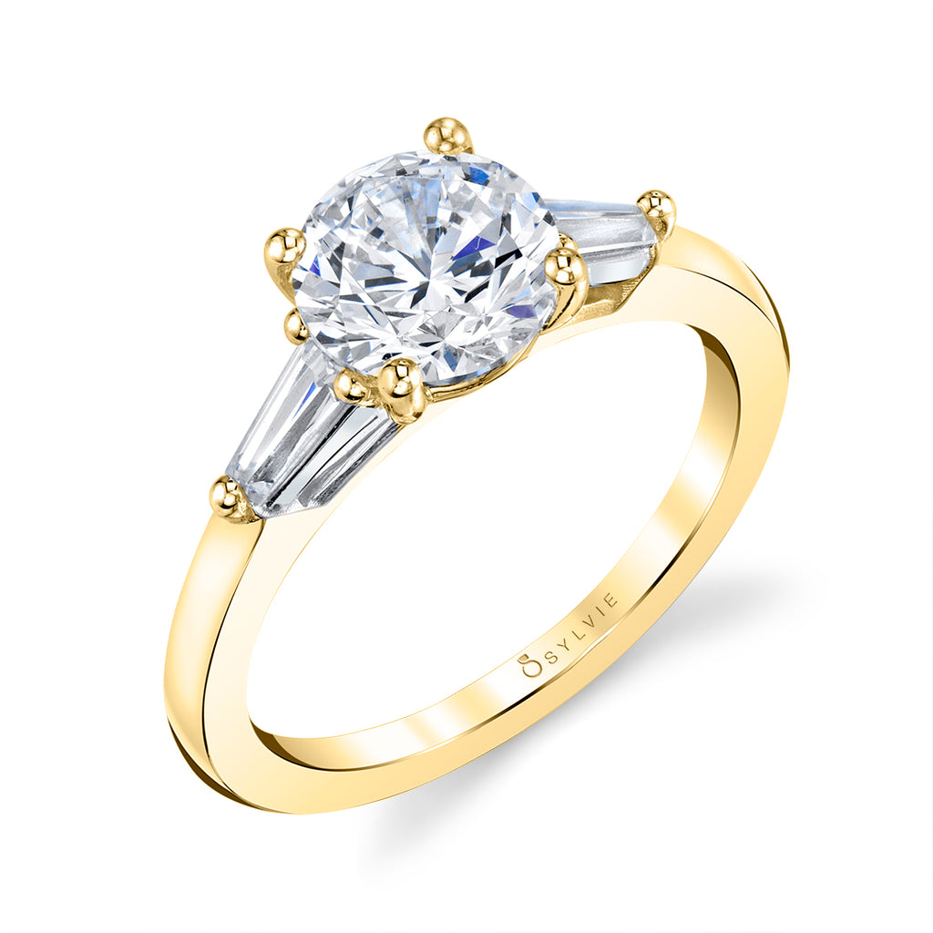 Round Cut Three Stone Engagement Ring with Baguettes - Nicolette 18k Gold Yellow