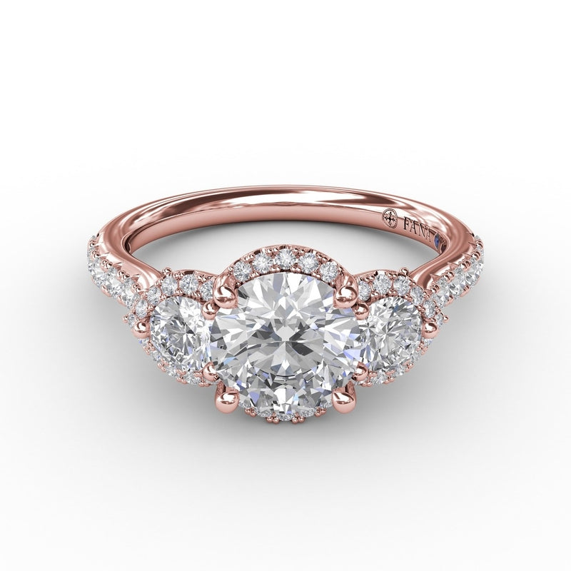 Fana Three-Stone Round Diamond Halo Engagement Ring