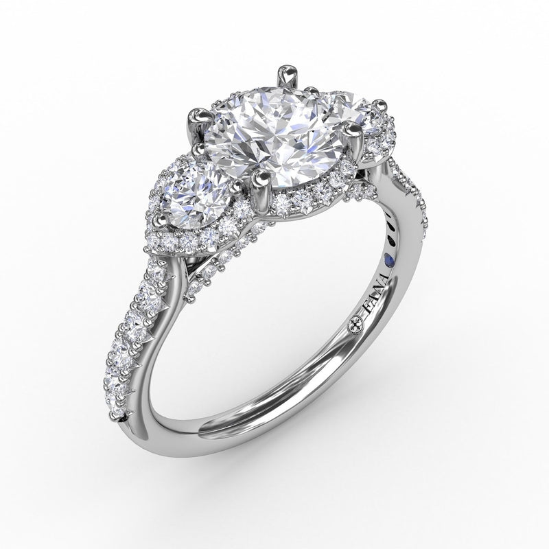 Fana Three-Stone Round Diamond Halo Engagement Ring