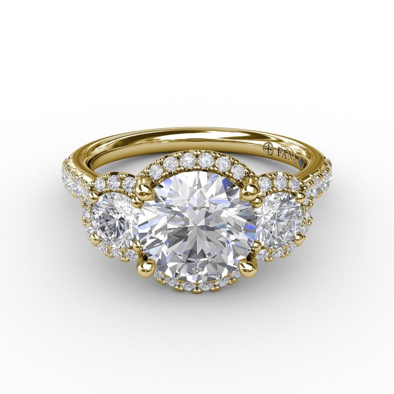 Fana Three-Stone Round Diamond Halo Engagement Ring