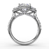 Fana Three-Stone Round Diamond Halo Engagement Ring