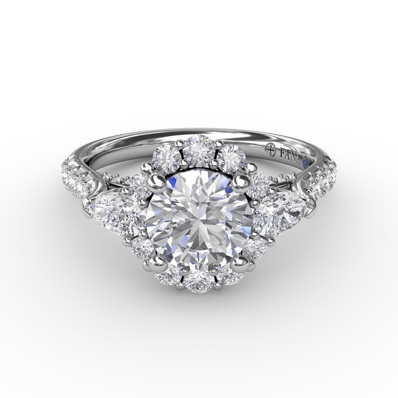 Fana Three-Stone Diamond Halo Engagement Ring With Pear-Shape Side Stones