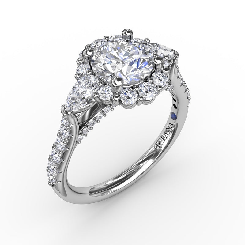 Fana Three-Stone Diamond Halo Engagement Ring With Pear-Shape Side Stones