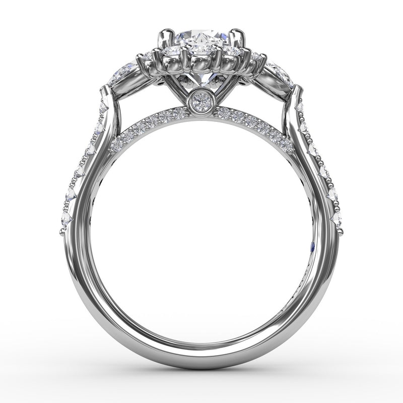 Fana Three-Stone Diamond Halo Engagement Ring With Pear-Shape Side Stones