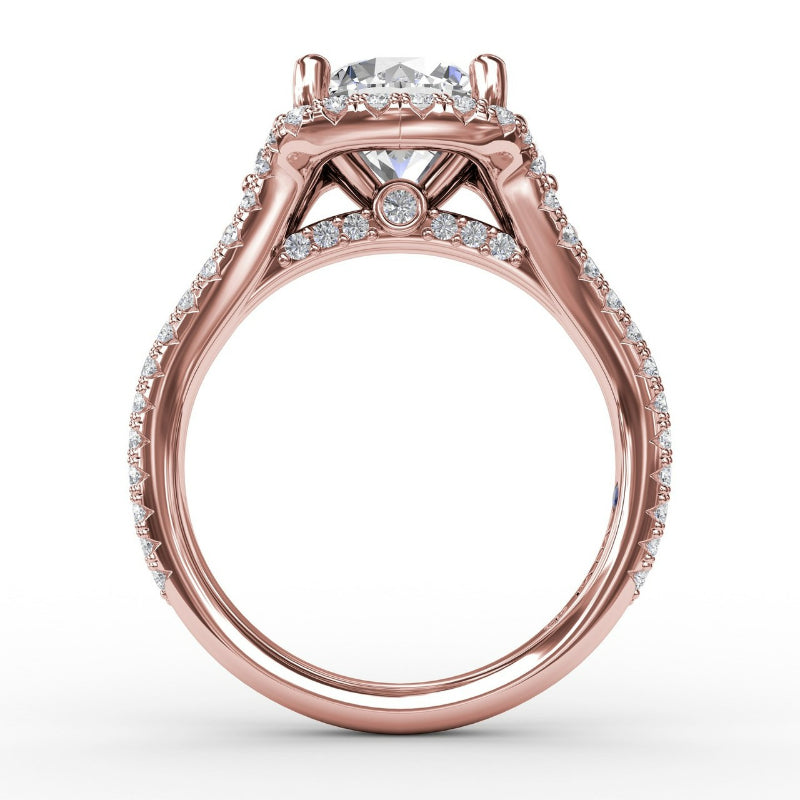 Fana Cushion Halo Engagement Ring With Side Stones and Double-Row Diamond Band