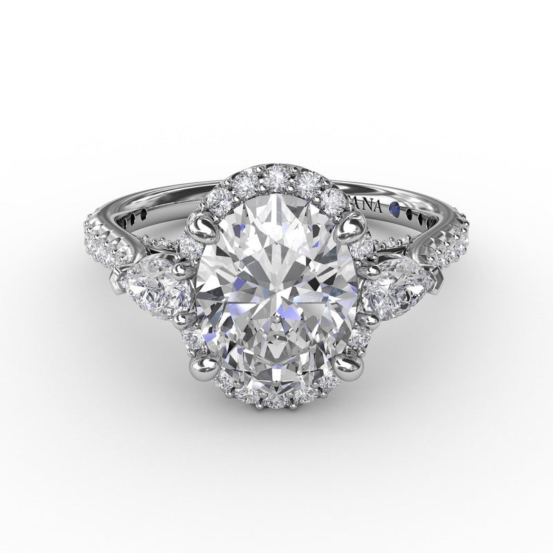 Fana Oval Diamond Halo Engagement Ring With Pear-Shape Diamond Side Stones