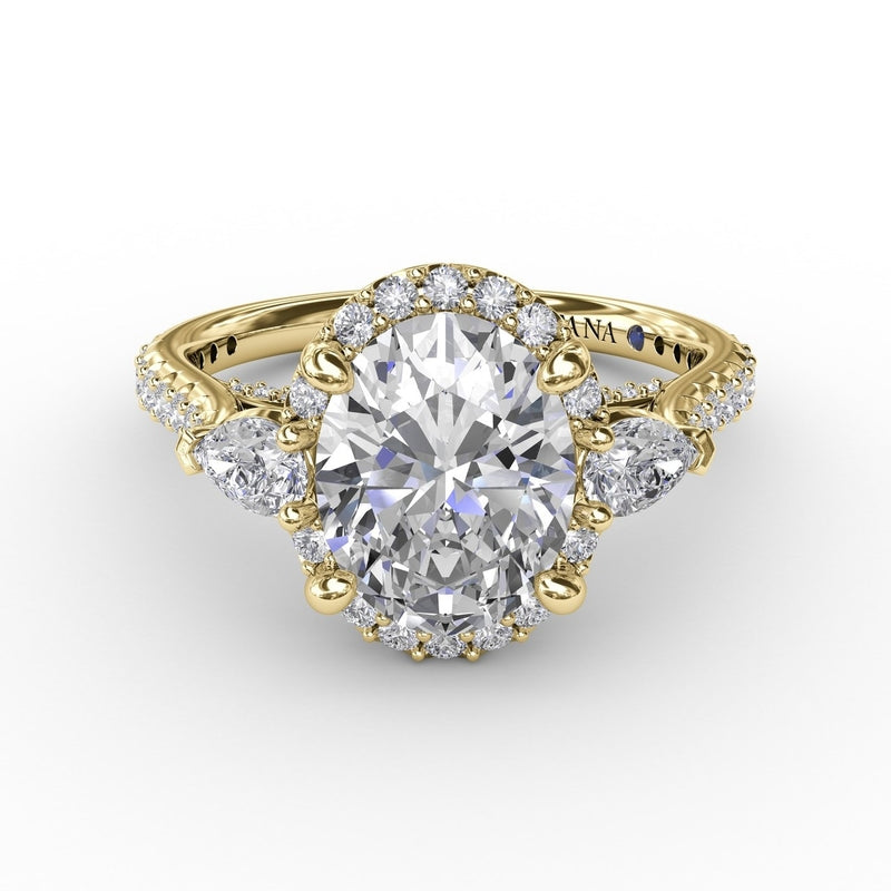 Fana Oval Diamond Halo Engagement Ring With Pear-Shape Diamond Side Stones