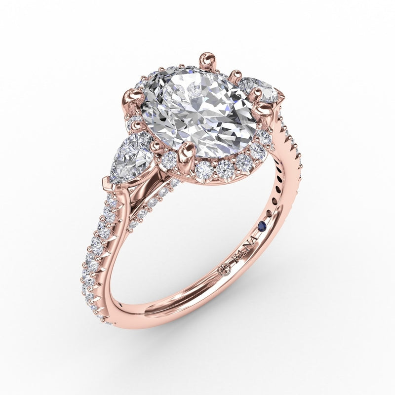 Fana Oval Diamond Halo Engagement Ring With Pear-Shape Diamond Side Stones