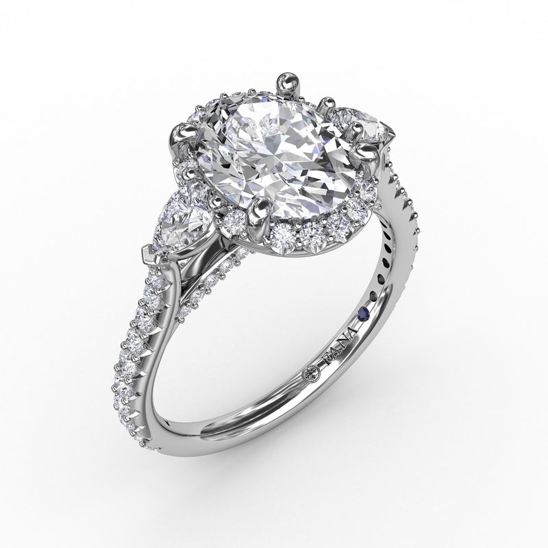 Fana Oval Diamond Halo Engagement Ring With Pear-Shape Diamond Side Stones