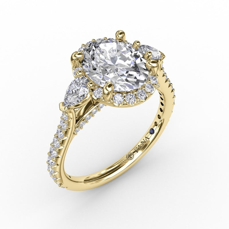 Fana Oval Diamond Halo Engagement Ring With Pear-Shape Diamond Side Stones