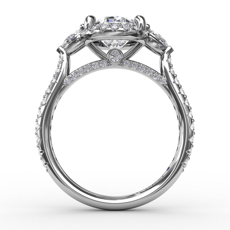 Fana Oval Diamond Halo Engagement Ring With Pear-Shape Diamond Side Stones