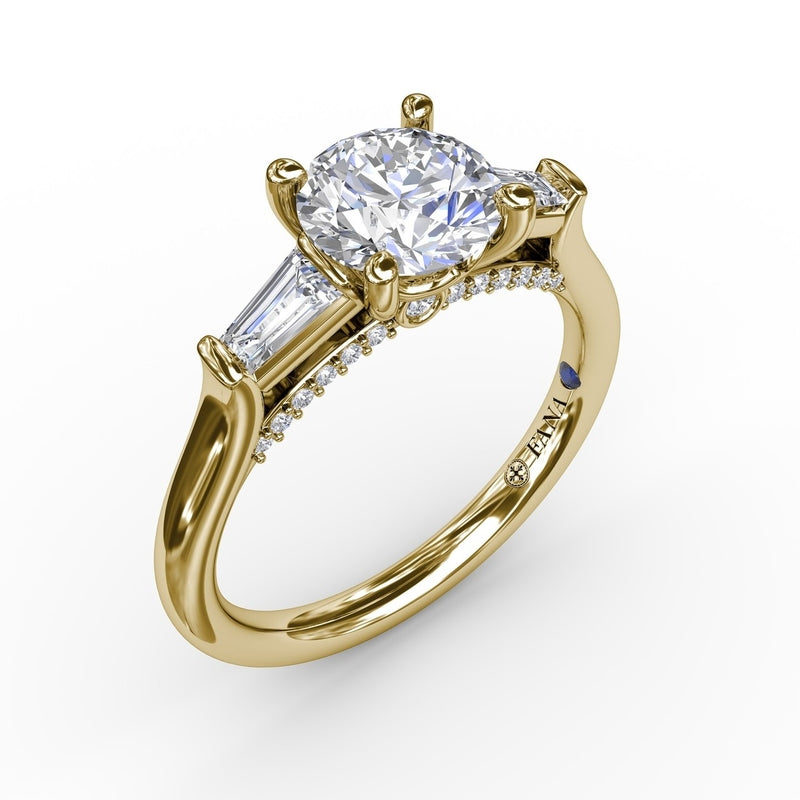 Fana Three-Stone Round Diamond Engagement Ring With Bezel-Set Baguettes