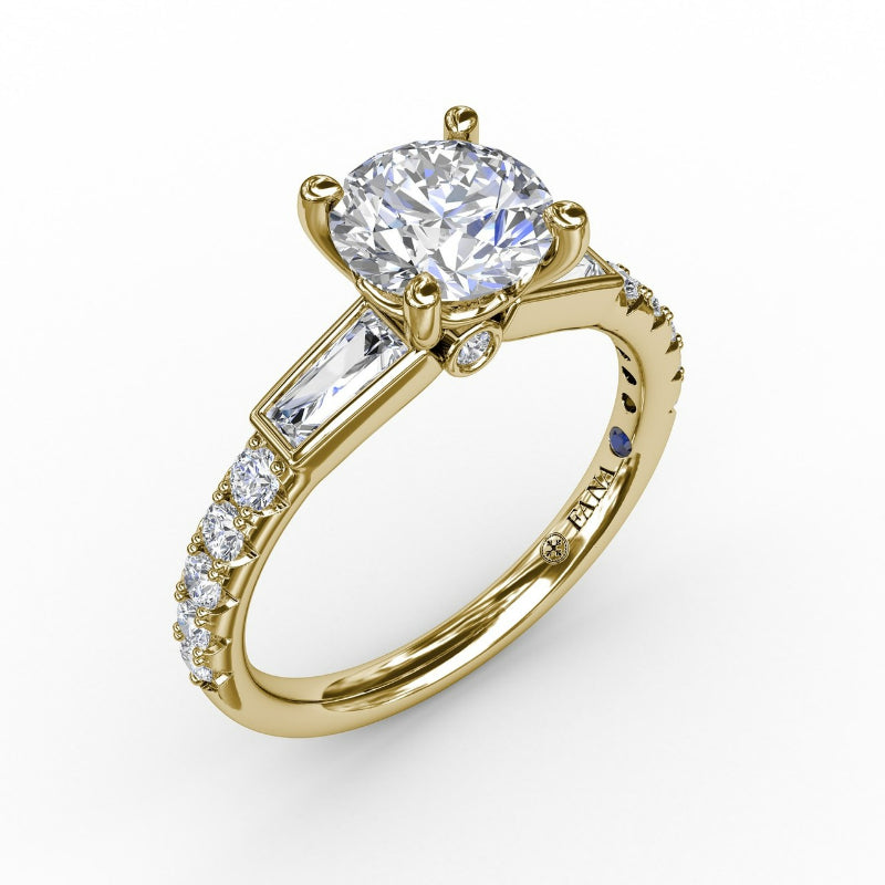 Fana Three-Stone Round Diamond Engagement Ring With Bezel-Set Baguettes and Diamond Band