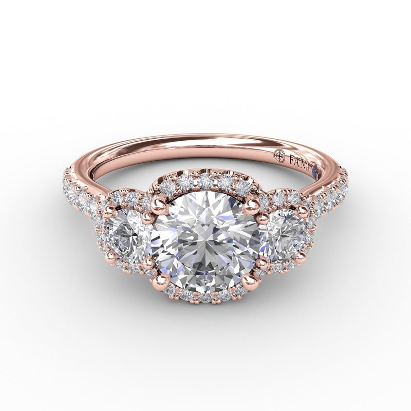 Fana Three-Stone Round Diamond Halo Engagement Ring